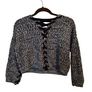 Witty Fox Black & White Marled Lace-Up Cropped Sweater XL